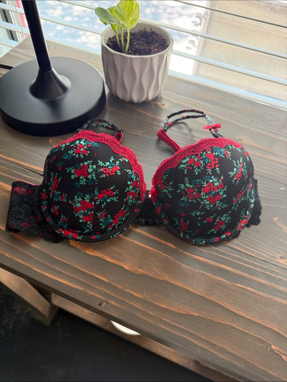 Jezebel Black Bra with Red Floral Lace Trim